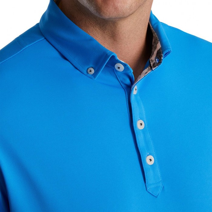 French Blue Men's Footjoy Stretch Pique Floral Trim Buttondown Collar Shirts | US-12507CA