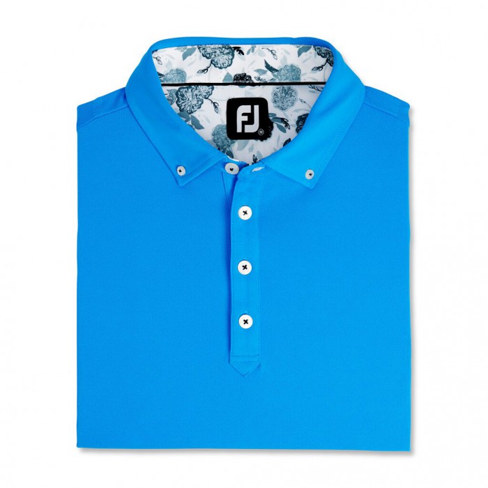 French Blue Men\'s Footjoy Stretch Pique Floral Trim Buttondown Collar Shirts | US-12507CA
